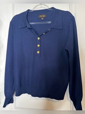 Truth Navy Long Sleeve Polo Top with Gold accent Buttons preppy size LG stretch